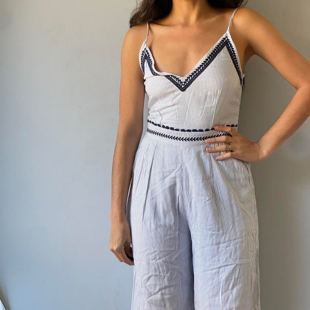 Japna Navy and White Pin Striped Jumpsuit with Navy Embroidery